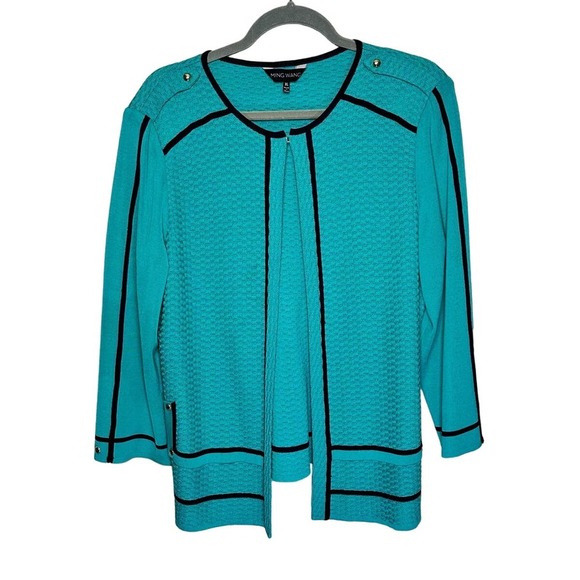 Ming Wang Long Sleeve Acrylic Knit Cardigan Sweater Tiffany Blue Black Women XL - Picture 1 of 8